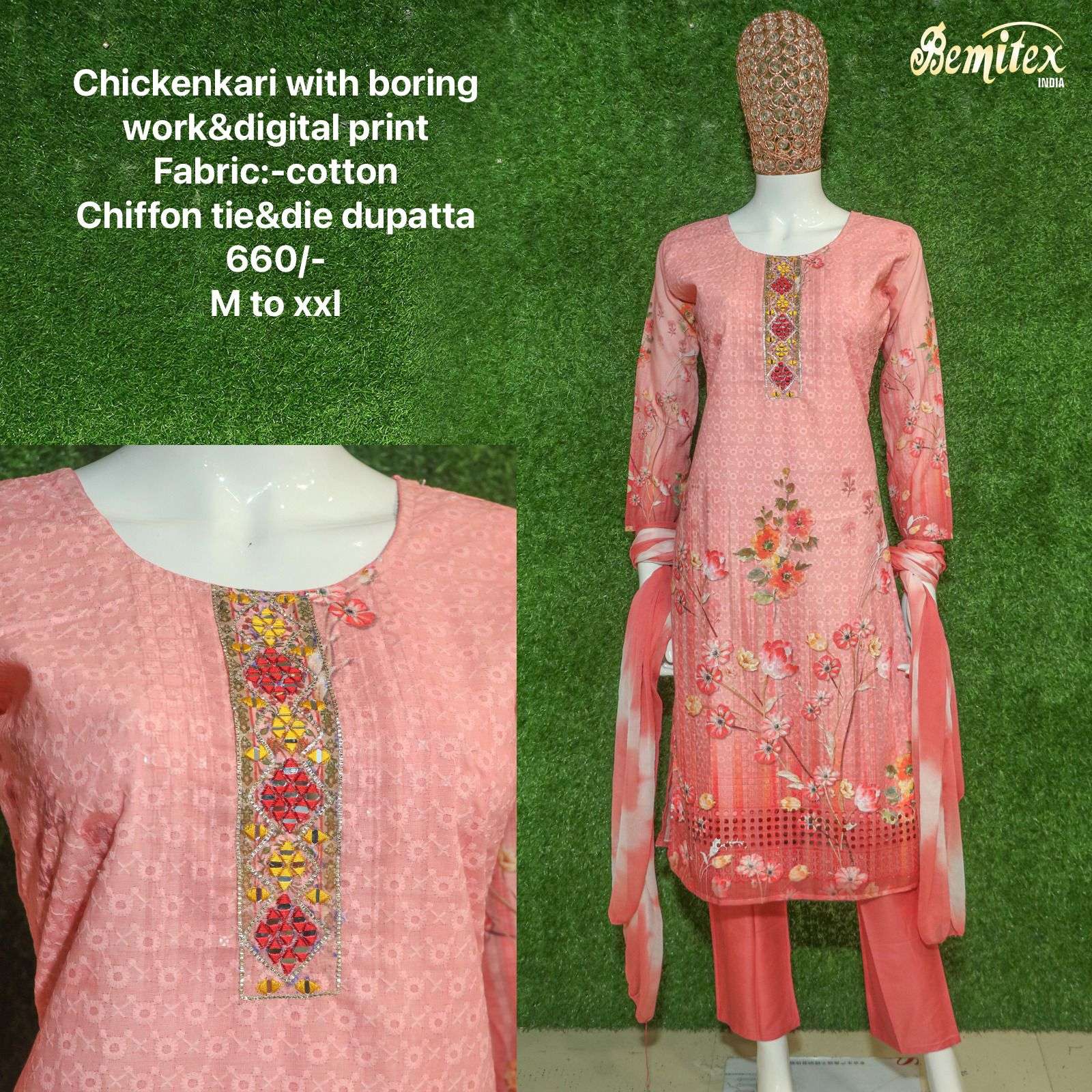 PURE COTTON CHIKANKARI WITH DIGITAL PRINT ORIGANAL MIRROR WORK WHOLESALE KURTI PANT DUPATTA